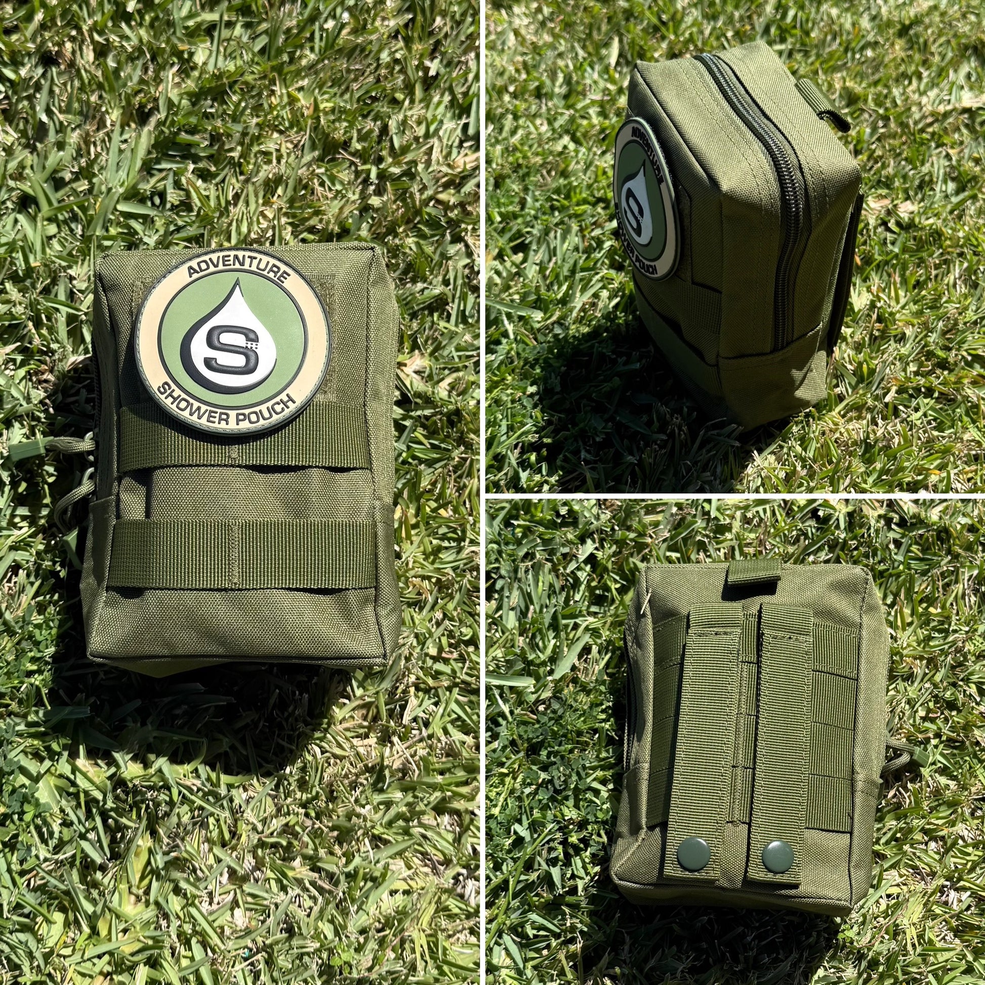 Tactical Molle Zipper Bag + Adventure Sampler Kit: 4 Shower Pouches, 1 Hand Sanitizer (80%), and 1 Deodorant