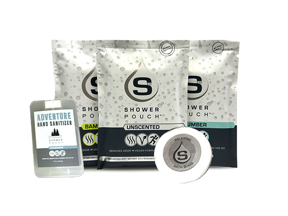 Adventure Sampler Kit: 4 Shower Pouches, 1 Hand Sanitizer (60%), and 1 Bath bomb
